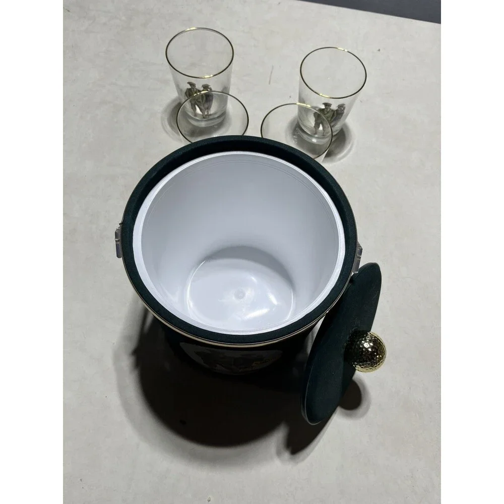 Vintage Golf Barware Set 4 Gold Rim 8 oz Tumblers Ice Bucket USA Made